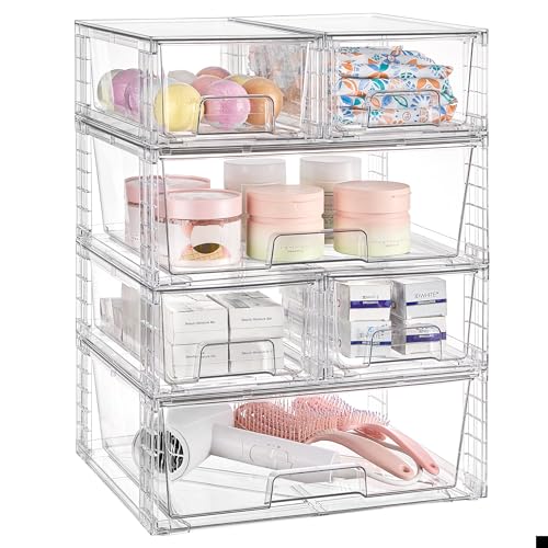 Vtopmart Clear Stackable Storage Drawers Set of 6, Easily Assemble Acrylic Bathroom Undersink Organizers,Plastic Storage Bins for Closet,Cabinet,Pantry,Medicine Organization - style: 4 Small+2 Wide