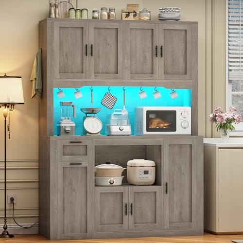 Itaar 71" Pantry Cabinet with Charging Station and LED Light, Kitchen Pantry Cabinet with Microwave Stand, 47.2" Wide Kitchen Storage Cabinets with Storage Cart 3 Tier for Dining Room, Grey - color: Grey