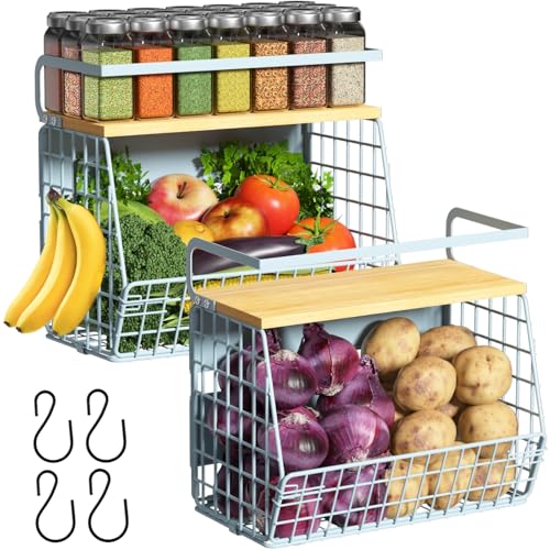 Magnetic Shelf for Fridge with Wood Lid, Fruit Potato and Onion Storage Bins, Pantry Organizers & Storage, Large Container Magnetic Spice Rack for Refrigerator, Kitchen Counter, Cabinet (Blue, 2) - color: Blue, size: 2-Regular