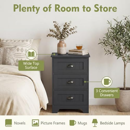 Giantex Nightstand with 3 Drawers, Bedside Table with Exquisite Metal Handles, Accent Table Sofa Side Table with Anti-toppling Device for Bedroom, Study, Black - color: Black