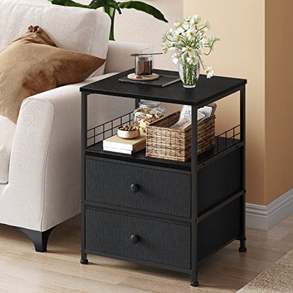 EnHomee 17.8" W Nightstand, End Table with Fabric Drawers and Open Wood Shelf Storage,Safety Netting on 2 Sides of Night Stand,Bedside Table with Metal Frame for Bedroom,Closet, Dorm,Black and Gray - color: Black and Gray
