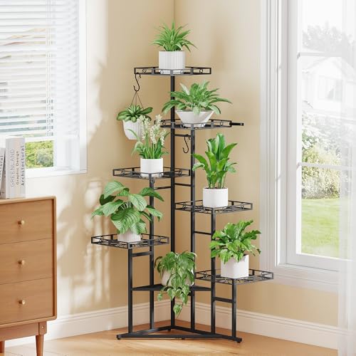 Quikraen 46" Tall Plant Stand Indoor,Multiple Tiers Corner Plant Shelf for Corner, 7-Tier Large Metal Flower Holder, Plant Rack for Home Decor, Patio (Black) - color: Black-46" with grow light