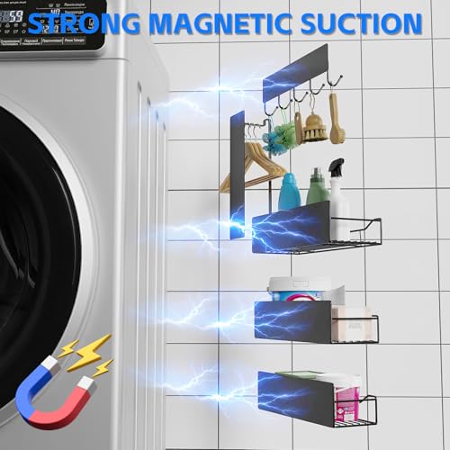 Magnetic Shelves for Washing Machine, 5 Pack Heavy Duty Laundry Shelf Organizer with Hooks, Strong Magnetic Storage Rack for Washer, Dryer, Refrigerator & Kitchen Laundry Organizer (Black)