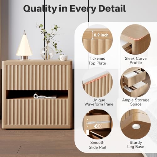 Dripex Fluted Nightstand Set of 2, 22'' Wide Night Stand with 2 Large Drawers, Mid Century Modern Wood Bedside Table with Open Shelf, Large Bed Side End Table for Bedroom, Natural Oak - color: Natural Oak