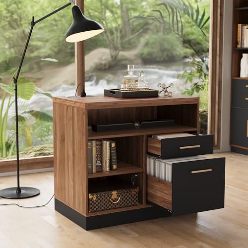 2 Drawer Lateral File Cabinet with Lock for Home Office | Filing Cabinet for A4 / Letter Documents, 31.5"W * 19.5"D * 29.5"H, Credenza w/ Built-in Power Outlet, Printer Stand - color: Black Walnut