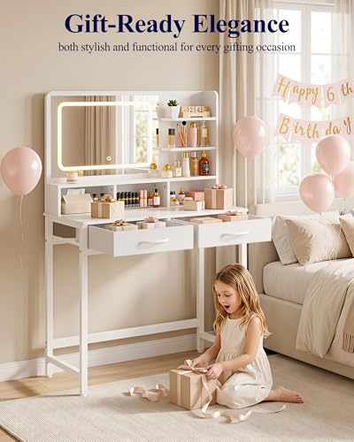 Kitsure Small Makeup Vanity with Lights, Open Shelves, Fabric Drawers | Bedroom, Gifting, 3 Lighting Modes, Stable Frame, 31.5" x 15.8" x 51.2"