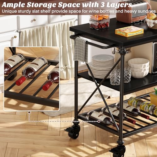 Homieasy Kitchen Island Cart with Wheels, 3-Tier Wood and Metal Rolling Kitchen Island Table with Pipe Legs, Storage Shelves & Lockable Casters for Kitchen Dining Room, Black - color: Black