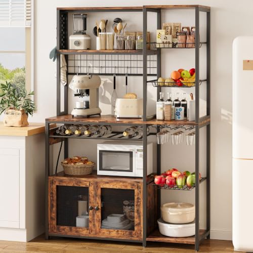 IRONCK Bakers Rack with Power Outlet, 45.5" W Kitchen Racks and Shelves | Chic Rustic Wood & Iron Frame. Ultimate Space Saver for Small Apartment Kitchens, Dining Beverage Bars, and Coffee Corners