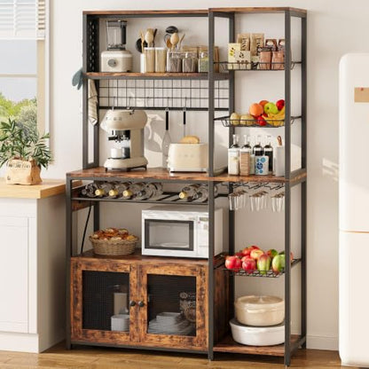 IRONCK Bakers Rack with Power Outlet, 45.5" W Kitchen Racks and Shelves | Chic Rustic Wood & Iron Frame. Ultimate Space Saver for Small Apartment Kitchens, Dining Beverage Bars, and Coffee Corners