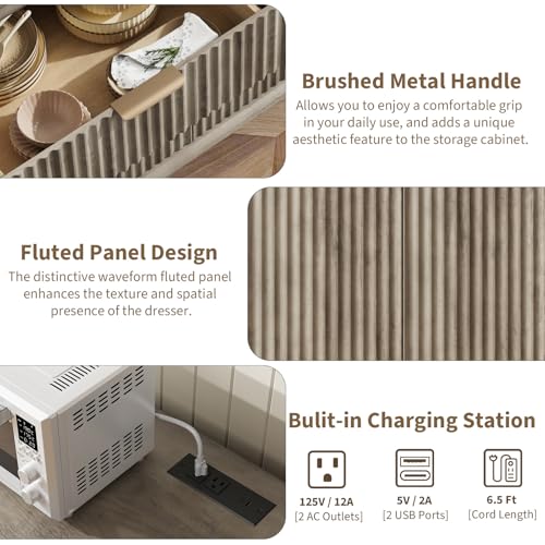 QUW Fluted Buffet Sideboard Cabinet with Storage, 47.2" Kitchen Cabinet with Drawers and Adjustable Shelves, Modern Coffee Bar with Charging Station, for Dining Room, Living Room, Grey