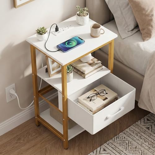 KOMFOTT Nightstand with Charging Station, Bedside Table with Fabric Drawer & Open Storage Shelves, End Table with Metal Frame, Modern Side Table for Bedroom, Small Space, Golden & White (1)