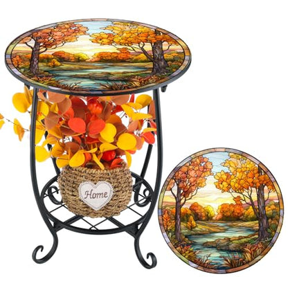 Cinnvoice Outdoor Side Table Round Small Mosaic Patio Accent Indoor End Plant Coffee Tea Table for Yard Patio Porch Garden Living Room, Bedroom(Fall Style,14 Inch) - size: 14 Inch, style: Fall Style