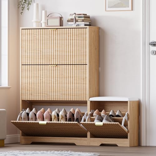 BORNOON Slim Shoe Cabinet with Bench for Entryway, Hidden Storage and Adjustable Shelves, Free Standing Wooden Shoes Organizer for Hallway, Foyer - color: Oak, size: 3-Drawer with Bench