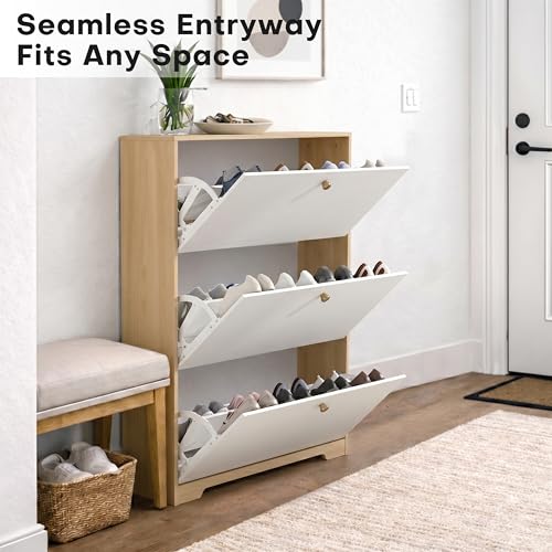 Nicetree Shoe Cabinet with 3 Flip Drawers，Freestanding Shoe Storage Cabinet, Narrow Shoe Organizer Cabinet, Farmhouse Slim Shoe Rack Cabinet for Entryway, Natural Oak and White with Hook - color: Natural Oak and White, style: 3-Drawers with Hook