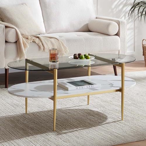 LumFurn Oval Coffee Table, Mid-Century Modern Design, L41 x W21 x H17 inch, for Living Room, Clear Glass Top, White Marble Finish Wood Shelf & Gold Finish Frame - color: Clear & White Marble, size: L41" Oval Coffee Table