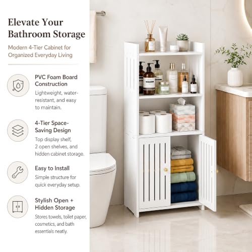 HAYOFAMY 4-Tier Bathroom Storage Cabinet 8.7" D x 14.2" W x 29.5" H | White Floor Cabinet, Freestanding Organizer with Door, for Living Room Kitchen Small Space, PVC Material - size: 4-Tier Floor