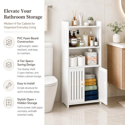 HAYOFAMY 4-Tier Bathroom Storage Cabinet 8.7" D x 14.2" W x 29.5" H | White Floor Cabinet, Freestanding Organizer with Door, for Living Room Kitchen Small Space, PVC Material - size: 4-Tier Floor