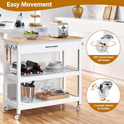 Yaheetech Kitchen Island Cart on Wheels with Bamboo Tabletop, 3-Tier Rolling Kitchen Island Microwave Cart with Drawer, Detachable Towel, 3 Hooks, 17" D x 37.5" W, White