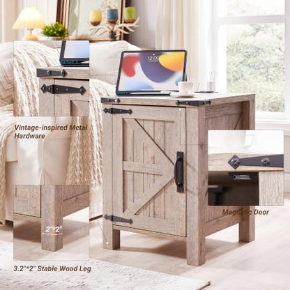 OKD 18" Farmhouse End Table Set of 2, Light Rustic Oak | Rustic Nightstand, Charging Station, Barn Door, Adjustable Storage Shelf, Wood Sofa Side Table, Living Room, Bedroom - color: Light Rustic Oak