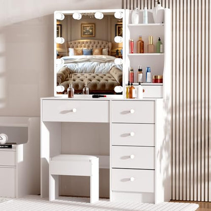 Makeup Vanity with Sliding Mirror and LED Lights, 3 Adjustable Modes Vanity Desk with 6 Storage Drawers & 3 Open Shelves, Dressing Table with Stool with Bedroom, White - size: Small-32'' Wide