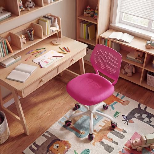 Costzon Kids Desk Chair, Armless Height Adjustable Kids Computer Chair w/Elastic Sponge Filling, Ergonomic Backrest & Stable 5-Point Wheels, Children Rolling Swivel Chair for Studyroom (Rose) - color: Rose