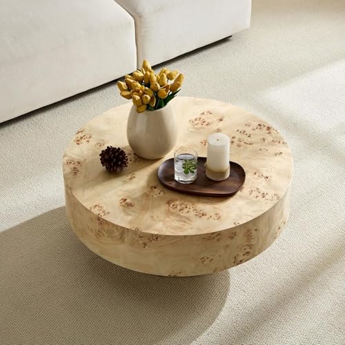 Coffee Table Round Wood 31.49" W X 13.77''h for Living Room Small Short Modern Coffee Tables Natural Burl Circle Drum Tea Center Cocktail Fluted Handcraft Home Furniture for Apartment Easy Assembly - color: 31.5 Natural Burl