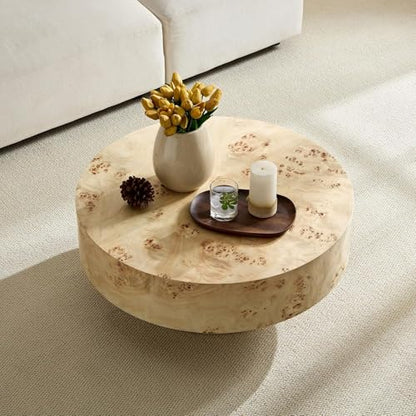 Coffee Table Round Wood 31.49" W X 13.77''h for Living Room Small Short Modern Coffee Tables Natural Burl Circle Drum Tea Center Cocktail Fluted Handcraft Home Furniture for Apartment Easy Assembly - color: 31.5 Natural Burl