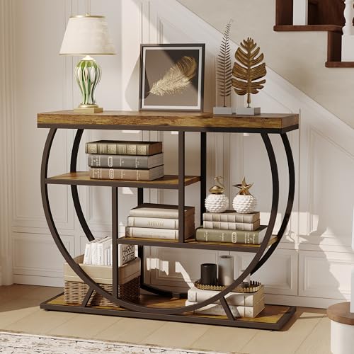 Garvee Entryway Table with Storage, Industrial 4-Tier Narrow Console Table Behind Couch with Half-Circle Base & Storage Shelves for Living Room, Hallway, Foyer - color: Rustic Brown