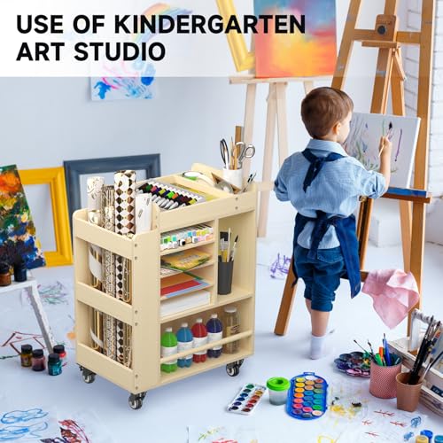 lukar Wooden Art Cart Organizer with Wheels, 3-Tier Rolling Art Activity Cart for Kids, Kids Art and Craft Storage Cabinet, Multi-Functional DIY Utility Carts for Classroom, Nursery, Bedroom
