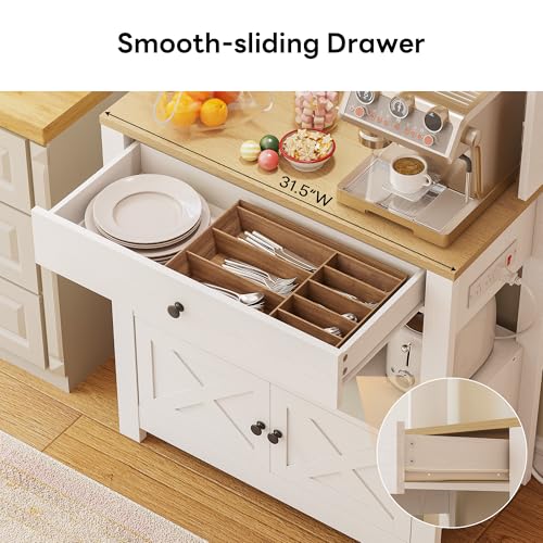 LIKIMIO Baker Rack with Spill-Safe Power Outlet & Drawer, White | Coffee Bar Cabinet with Storage, Farmhouse Microwave Stand with Hutch and 5 Hooks for Kitchen - color: White