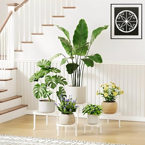5-Pack Metal Plant Stand Outdoor, Heavy Duty Round Pot Holder Rack for Patio & Garden - color: S-White