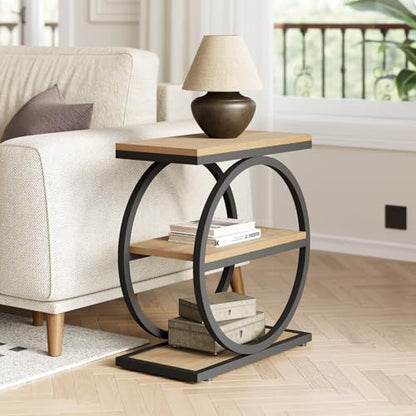 LITTLE TREE End Table Set 2, Side Table with 3-Tier Storage Shelves, Small Sofa Side Table for Living Room, Wooden Side End Table with Double Round Metal Legs, Slim Nightstand and Bedside Table, Oak - color: Oak
