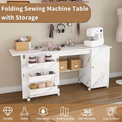 4-in-1 Folding Sewing Table with Storage, Sewing Desk Foldable with Lockable Wheels & Power Socket, Sewings Machine Cabinet & Craft Desk with Shelves, Compact Design (White, 57 Inch) - color: White, size: 57 Inch