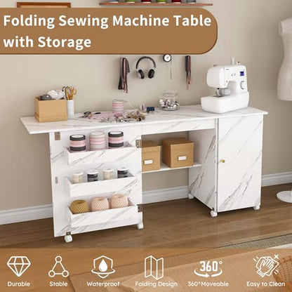 4-in-1 Folding Sewing Table with Storage, Sewing Desk Foldable with Lockable Wheels & Power Socket, Sewings Machine Cabinet & Craft Desk with Shelves, Compact Design (White, 57 Inch) - color: White, size: 57 Inch