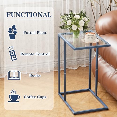 C Table End Table, Glass Couch Side Table, Tempered Glass Snack Side Table with Metal Frame, TV Tray Table for Small Space, Sofa Couch Side Tableand Bed Side Table(Blue) - color: Blue