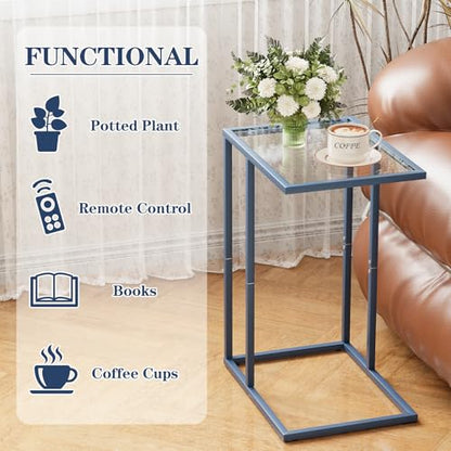 C Table End Table, Glass Couch Side Table, Tempered Glass Snack Side Table with Metal Frame, TV Tray Table for Small Space, Sofa Couch Side Tableand Bed Side Table(Blue) - color: Blue