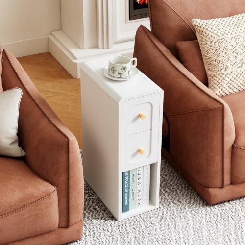Narrow Nightstand with 2 Drawers, Small Bedside Tables, Mid-Century Modern Slim Night Stand with Storage, Wooden End Table for Small Spaces, Bedroom, Living Room - color: 2drawers-white-1pcs