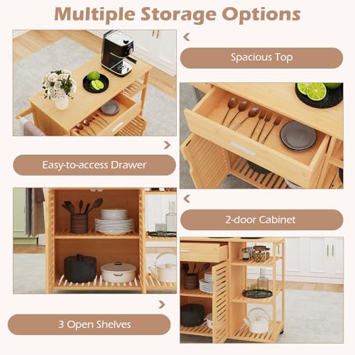 Bamboo Kitchen Island Cart with Storage, Rolling Butcher Block | Large Drawer, 2-Door Cabinet, 3-Tier Open Shelves, Towel Rack, Wheels Included; For Dining Room, Apartment, Small Spaces - size: 41”Lx16”Wx35”H