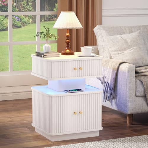LED Nightstand with Multifunctional Charging Station - Bedside Table with TypeA+C Ports, Middle Ancient Style End Table with 2 Drawers, Sliding Door & Curvy Edge Design for Bedroom，White