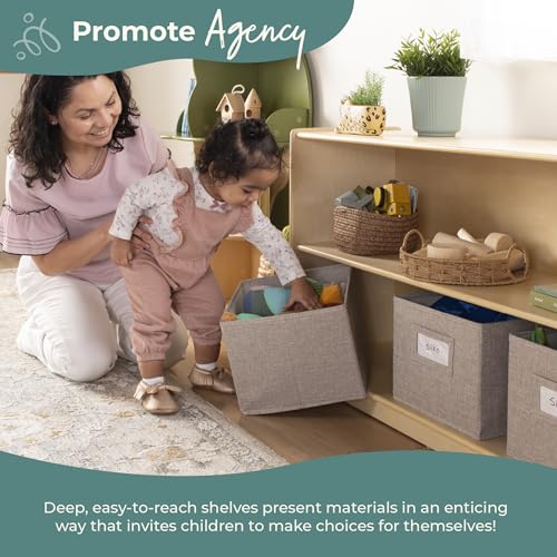 Guidecraft EdQ Two Shelf Open Storage 24'' Natural with 3 Fabric Bins: Wooden Multi-Purpose Bookcases and Toy Storage Organizer; Homeschool and Classroom Furniture - color: Natural