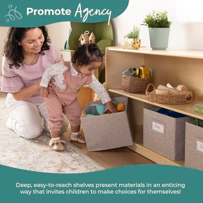 Guidecraft EdQ Two Shelf Open Storage 24'' Natural with 3 Fabric Bins: Wooden Multi-Purpose Bookcases and Toy Storage Organizer; Homeschool and Classroom Furniture - color: Natural