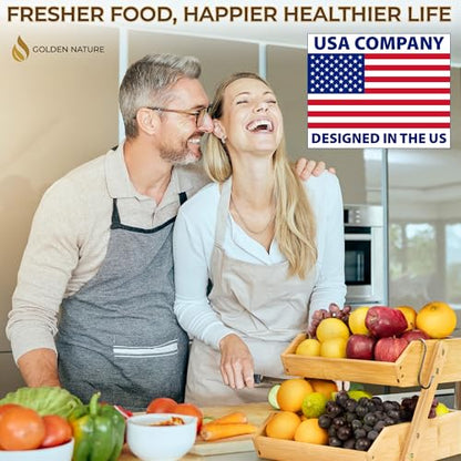 Fruit Basket with Banana Hanger - 2-Tier Bamboo Storage Organizer | Golden Nature space-saving stand holder bowl keeps fruits and vegetables organized, visible, and within easy reach