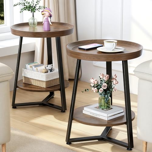 Round End Table Set of 2, 2-Tier Tray Top Side Table Decor Table, Ultra Stable Coffee End Table/Nightstand, Modern Farmhouse Couch Table for Living Room, Bedroom, Bedside Stand or Small Spaces, Walnut - color: Walnut Wood, size: 2 Pcs