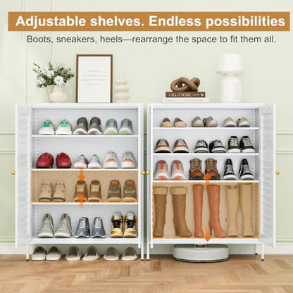 Metal Shoe Cabinet with 4-Tier & 3 Adjustable Shelves | 40” Tall White Freestanding Shoe Storage Organizer with Louvered Doors, Shoe Rack for Entryway, Hallway, Front Door