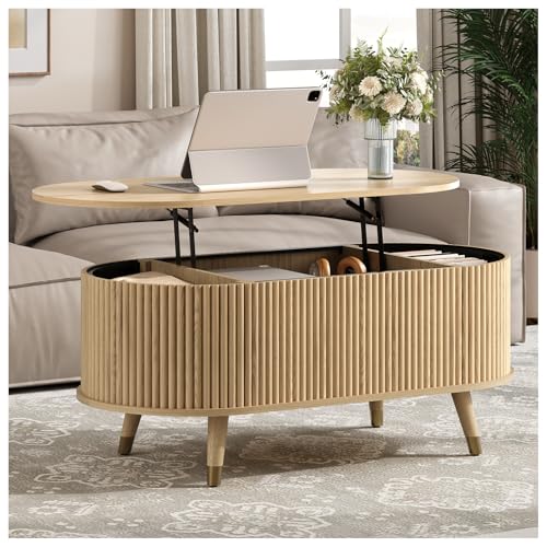 Oval Lift Top Coffee Table with Storage, 42.5” Fluted Coffee Table with Lifting Top & Solid Wood Legs, Mid Century Modern Center Table for Living Room, Home Office, Oak - color: Oak, size: Oval(lift top)