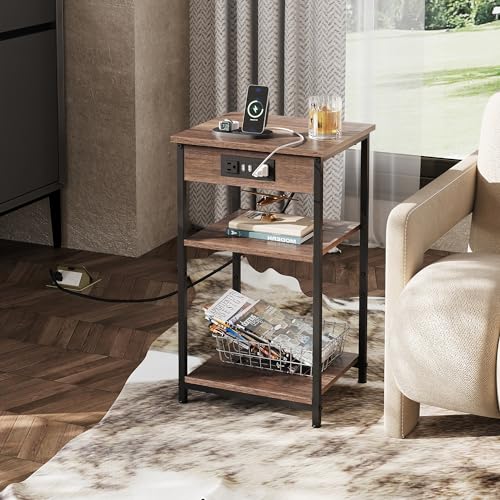 WLIVE Side Table with Charging Station and USB Ports, Small End Tables for Small Spaces, 3-Tier Nightstand with Adjustable Shelf, Bedside Tables, Living Room, Bedroom, Brown | Side Tables with Storage Adjustable Shelf for Small Spaces; Bedside Tables for