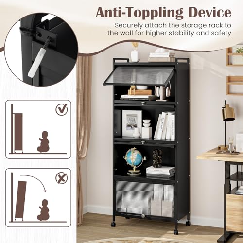 LDAILY 5-Tier Kitchen Storage Cabinet, Mobile Microwave Stand with Metal Frame, Double Anti-toppling Device, 4 Rolling Casters, Freestanding Bakers Rack for Kitchen, Dining Room, Living Room (Black) - color: Black