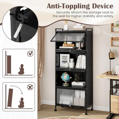 LDAILY 5-Tier Kitchen Storage Cabinet, Mobile Microwave Stand with Metal Frame, Double Anti-toppling Device, 4 Rolling Casters, Freestanding Bakers Rack for Kitchen, Dining Room, Living Room (Black) - color: Black