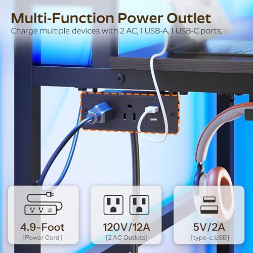 YATINEY Small Computer Desk with Charging Station and LED Lights, Gaming Desk with Monitor Stand, 2-Tier Home Office Desk with 4 Side Hooks, for Living Room, Home Office, Black DN01UDBBY2 - color: Black