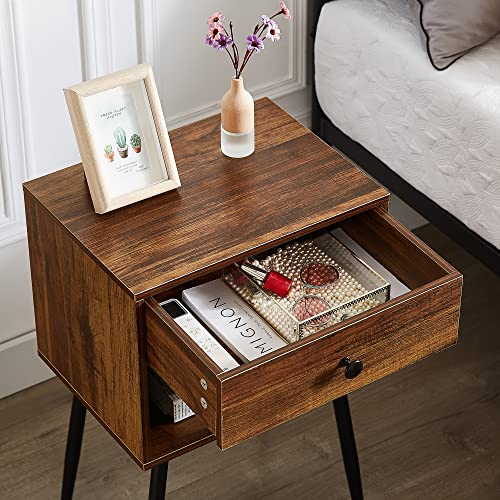 VECELO Nightstands Set of 2, Mid Century Modern End Bedside Table, Night Stand with Storage Drawer and 2 Tiers Open Shelf for Small Place, Bedroom, Living Room, Easy Assembly, Rustic Brown - color: Rustic Brown